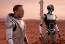 A concept image of Elon Musk and Tesla Optimus humanoid robot on Mars as the landed Starship can be seen in the background.