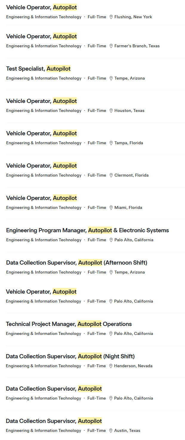 Screenshot of Tesla careers website listing jobs for Autopilot/Robotaxi operators in the US.
