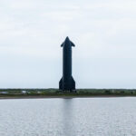 A view of the Flight 10 Starship upper stage (Ship 37) from the Boca Chica Beach, Texas, as the spacecraft is rolled out to the OLM Pad A at Starbase.
