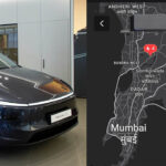 Tesla Model Y in the automaker's first Indian showroom (left), location map of the first Tesla Supercharger in Mumbai (right).