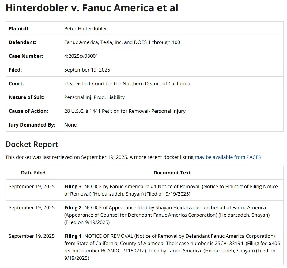 Screenshot: Summary of the lawsuit by Plaintiff Peter Hinterdobler vs. FANUC and Tesla, Inc.