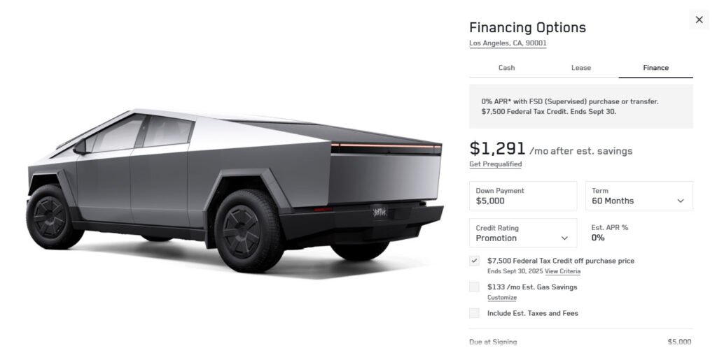Screenshot: Tesla Cybertruck financing cost calculation after the 0% APR and $7,500 Federal EV Tax Credit. Source: Tesla Cybertruck online vehicle configurator.