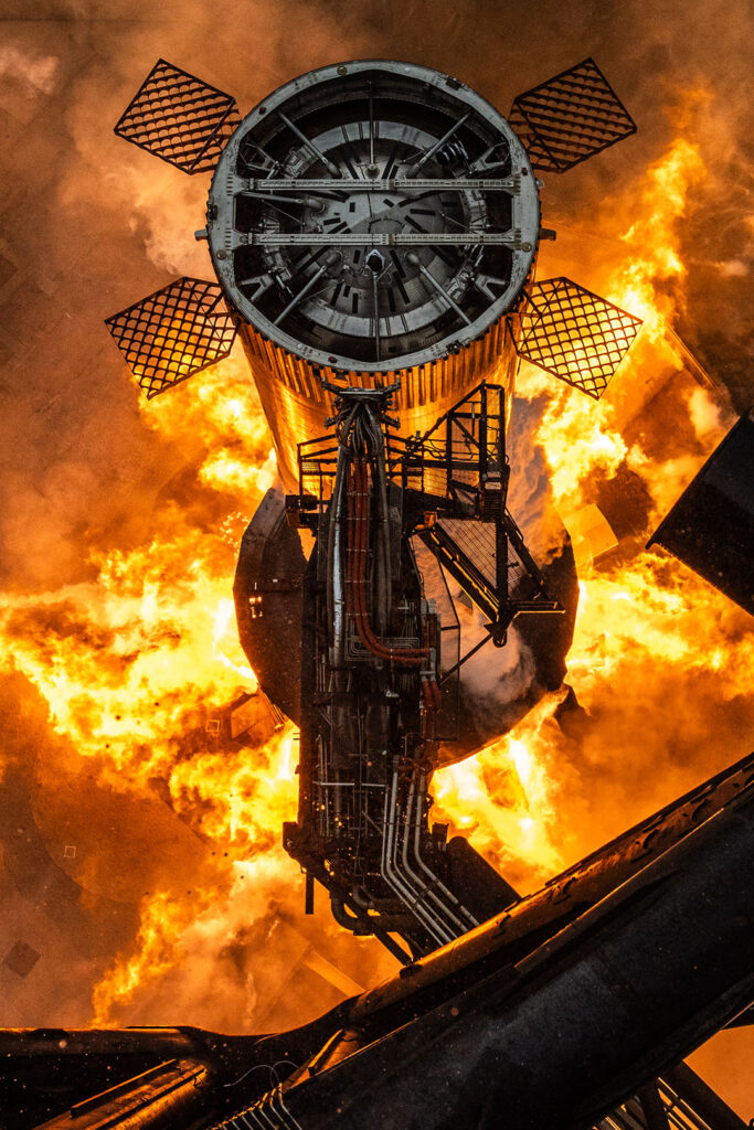 Aerial view of Booster 15-2 static fire at Starbase, Texas, as SpaceX prepares for the 11th Starship launch test (IFT-11).