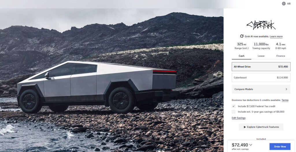 Screenshot of Tesla Cybertruck online car configurator showing the removal of the base RWD trim.