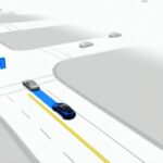 Tesla FSD (Supervised) visualization as the vehicle self-drives in light traffic environment.