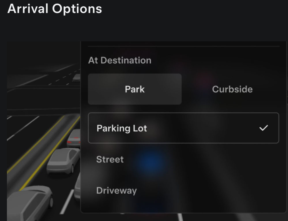 Screenshot: Arrival Options feature in Tesla FSD v14.1 (2025.32.8.5).