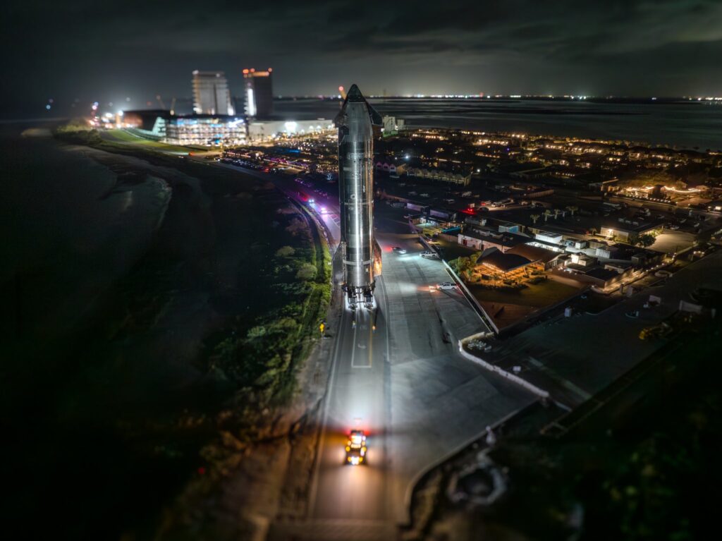 Flight 11 Starship 38 being moved from the launch site to Megabay 2 at Starbase, Texas.