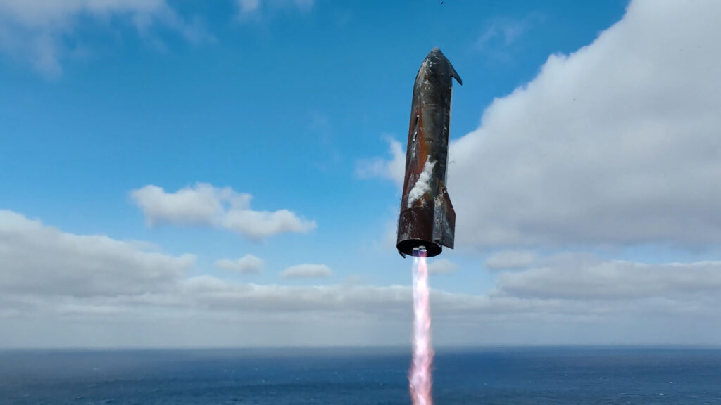 Final landing burn of the Flight 11 Starship spacecraft before it makes a soft splashdown landing in the Indian Ocean.