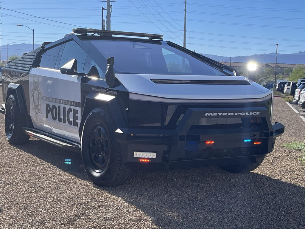 A patrol Cybertruck unit of the Las Vegas Metropolitan Police (LVMPD).