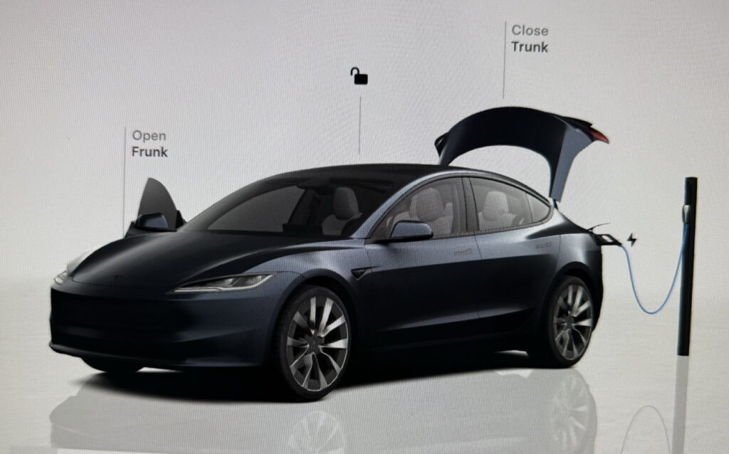 Tesla on-screen visualization showing a Tesla mobile charger is connected to the electric vehicle (requires Tesla OTA update 2025.38 or later).