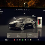 Tesla Model Y screen visualization displaying the car charging at a Supercharger (requires Tesla OTA update 2025.38 or later).