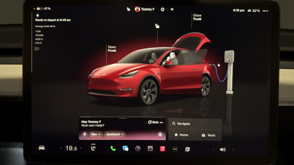 Tesla on-screen visualization showing a connected third-party charger. The charging cable is indicated in blue (requires Tesla OTA update 2025.38 or later).