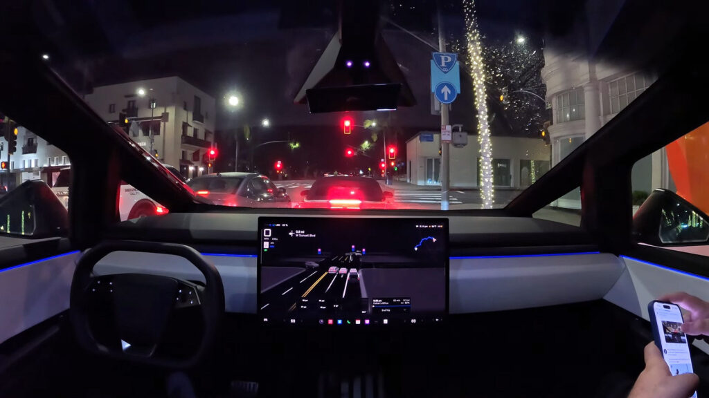 Tesla Cybertruck self-driving using FSD (Supervised) as on-screen visualizations render the environment in 3D space.