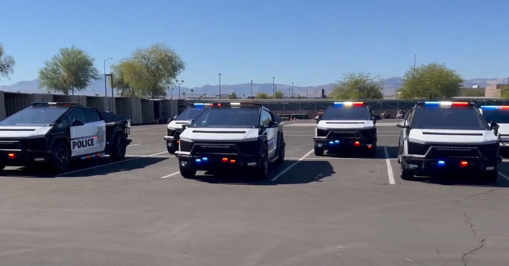 Las Vegas Metropolitan Police Department (LVMPD) unveils its fleet of 10 bulletproof Cybertruck patrol pickup trucks.