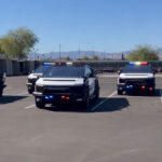 Las Vegas Metropolitan Police Department (LVMPD) unveils its fleet of 10 bulletproof Cybertruck patrol pickup trucks.