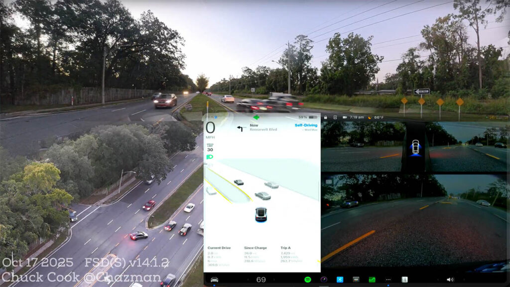 Tesla influencer Chuck Cook testing FSD v14.1.2 at the difficult unprotected left turn (UPL) in Jacksonville, Florida.