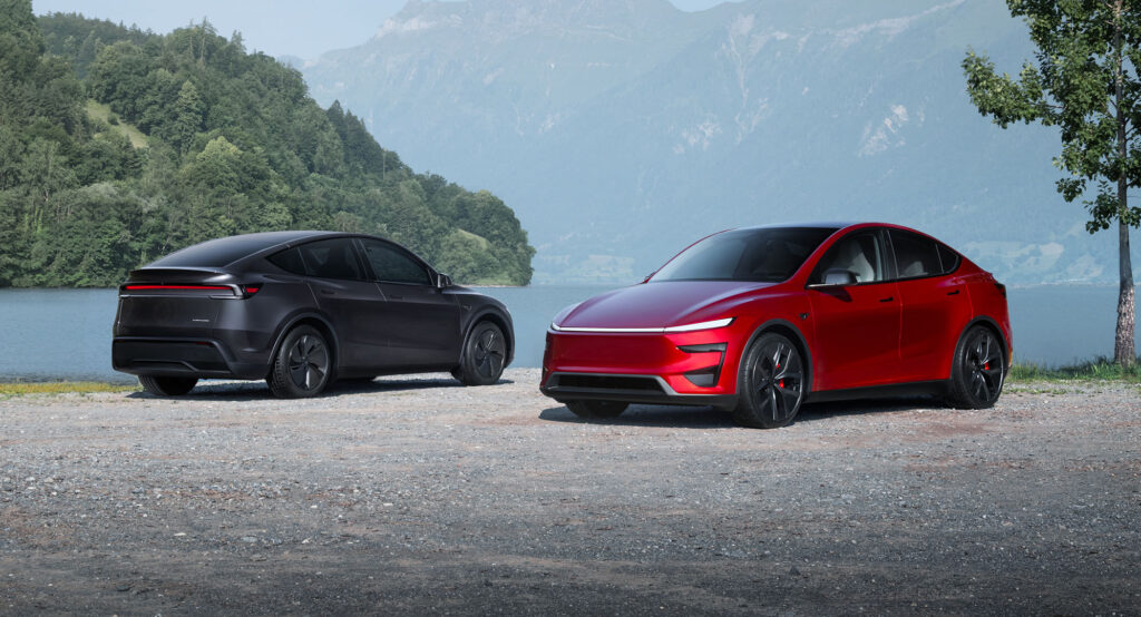 2026 Tesla Model Y Performance in Stealth Grey (left) and Ultra Red (right).