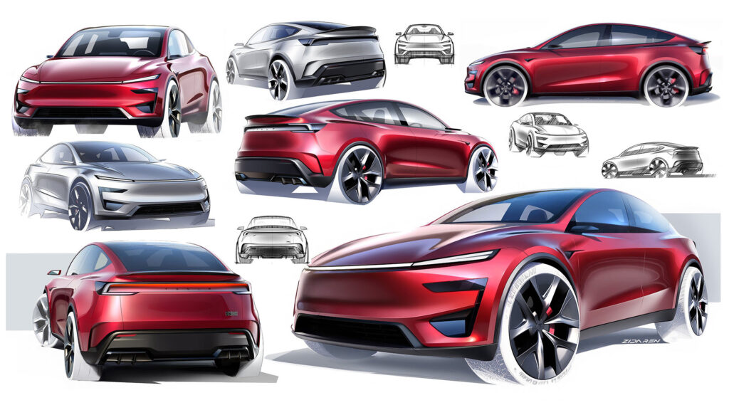 Design sketches of the new 2026 Tesla Model Y Performance released by the automaker to share its design philosophy of the vehicle.