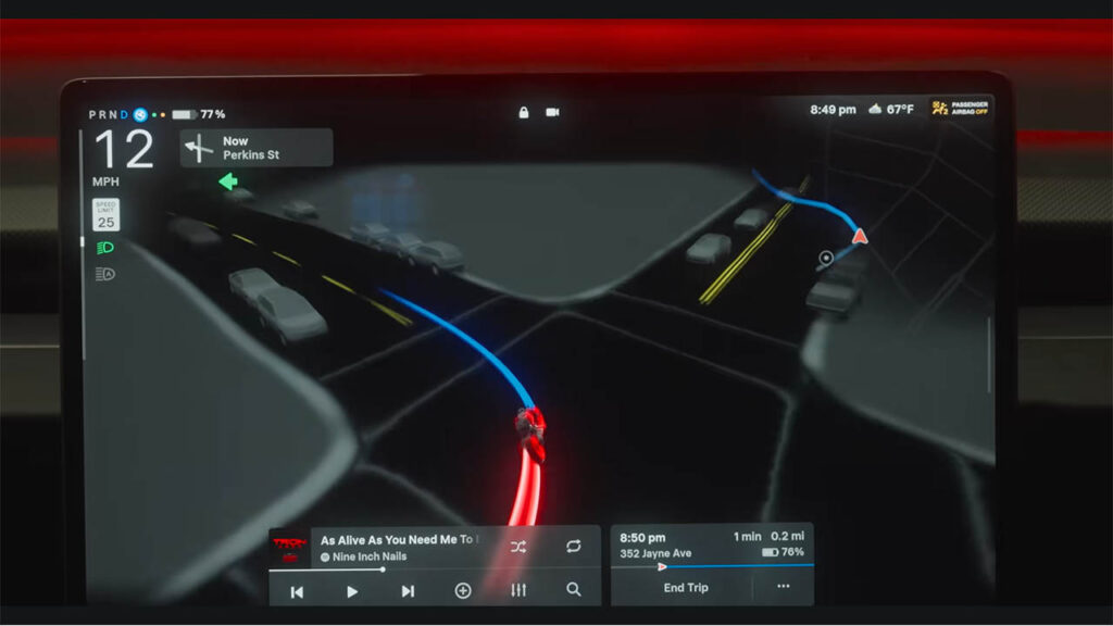 Tesla TRON update turns the ego vehicle visualization into a TRON movie digital motorcycle.