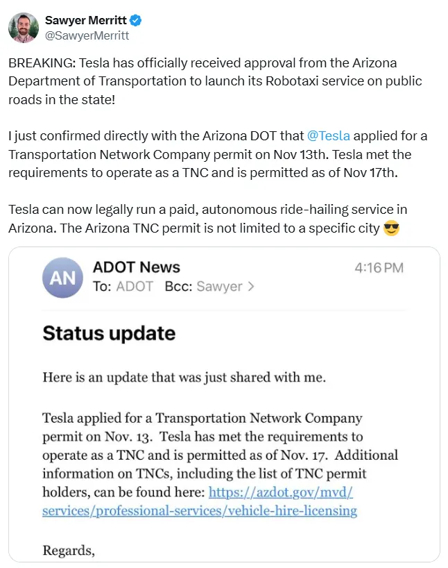 Screenshot of Sawyer Merritt's tweet confirming the state-wide approval of Tesla Robotaxi Service permit in Arizona.