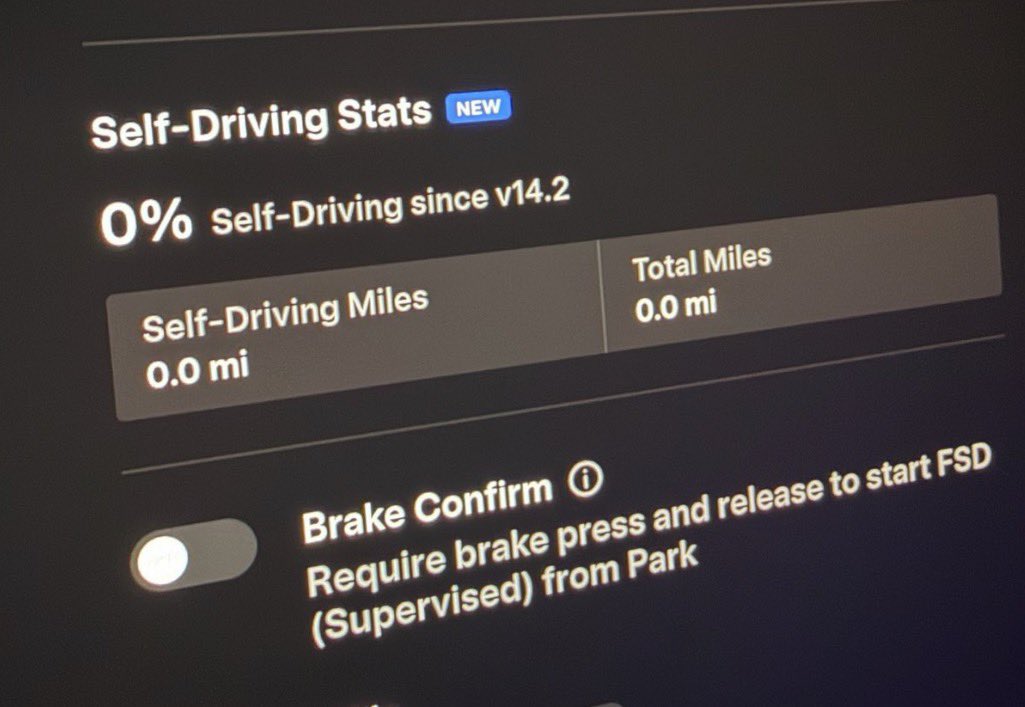 Screenshot: Self-Driving Stats feature added in FSD v14.2 (2025.38.9.5).