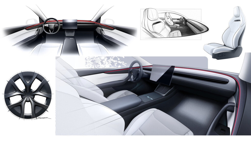Design sketches of the 2026 Tesla Model Y Performance Interior and the 21" Arachnid 2.0 wheels.