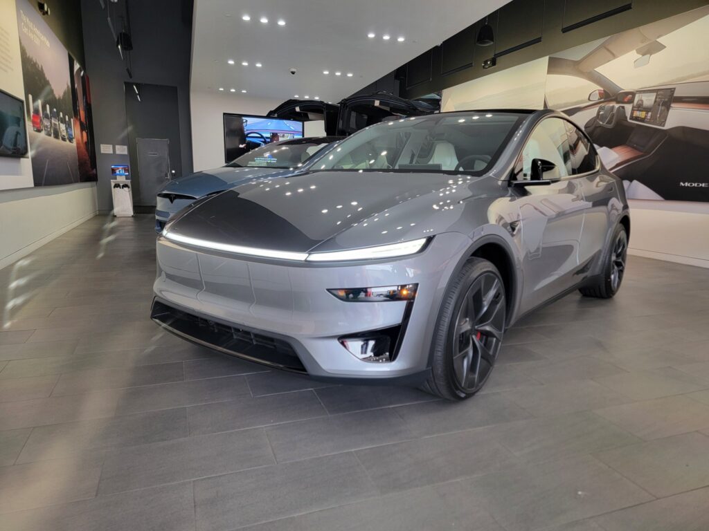 Tesla Model Y Performance in Quicksilver color on display at Tesla's Walnut Creek, CA showroom and store.