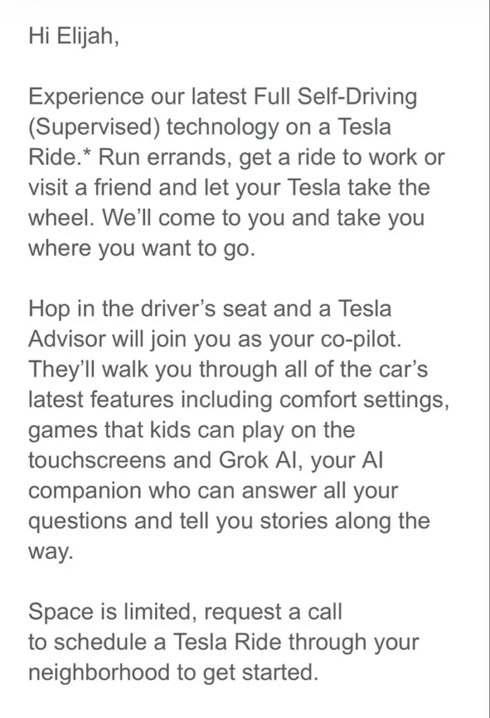 Screenshot of the official Tesla Ride invitation email.