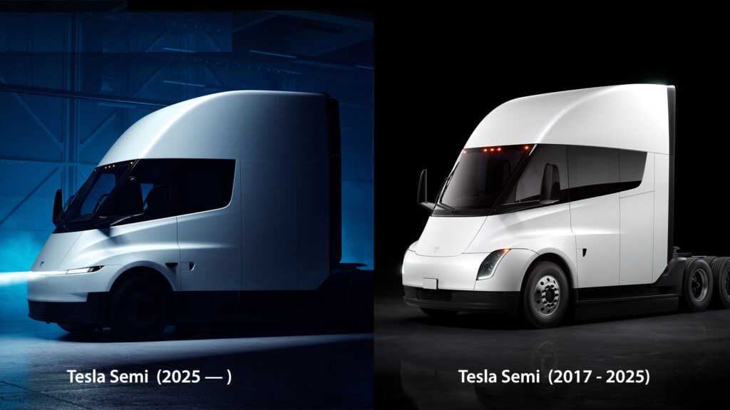 The new design-refreshed production-intent Tesla Semi-truck revealed in 2025 (left), the older generation Tesla Semi prototype (right).