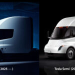 The new design-refreshed production-intent Tesla Semi-truck revealed in 2025 (left), the older generation Tesla Semi prototype (right).