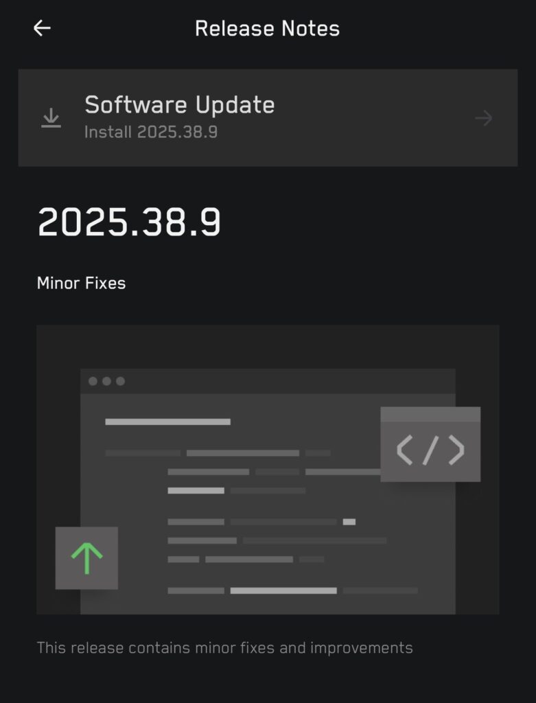 Tesla OTA software update version 2025.38.9 Release Notes screenshot from a Cybertruck.