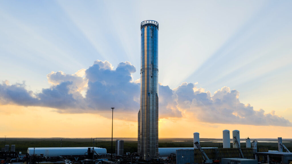 Super Heavy Booster 18 being moved to the test stand before facing an anomaly during a cryogenic pressure-proof test.