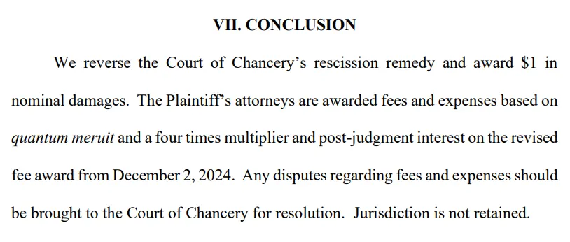 Screenshot from the Delaware Supreme Court's decision docket summarizing the conclusion of the 2018 Tesla CEO Compensation Plan case for for Elon Musk.