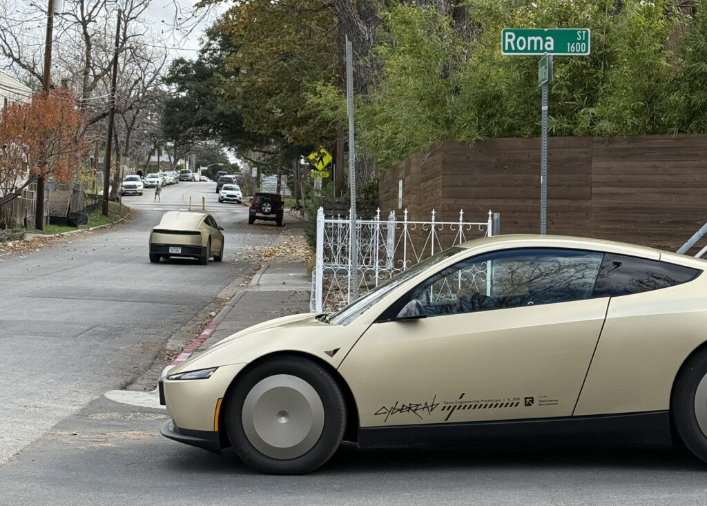 Tesla Cybercab prototypes spotted testing in Austin, Texas. A human driver using the steering wheel can be seen in the driver's seat.