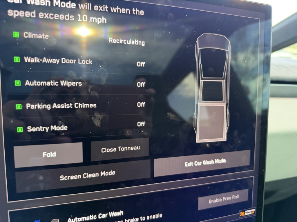 Cybertruck screen showing the options and features of the Car Wash Mode (2025.44.25.5).
