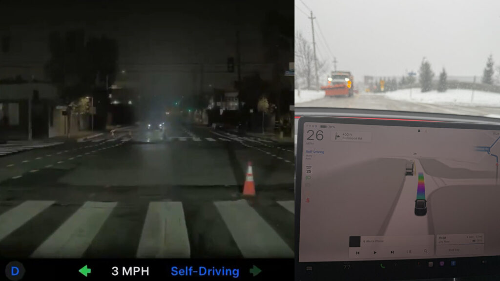 Tesla FSD (Supervised) performs well in dark during a power outage in San Francisco (left), Tesla owner tests it in a blizzard (right).