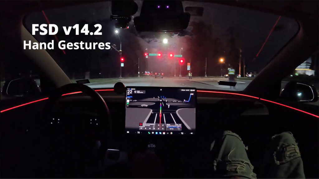Tesla FSD v14.2.1 recognizes hand gestures of the traffic-control police and proceeds forward despite the red light (video).