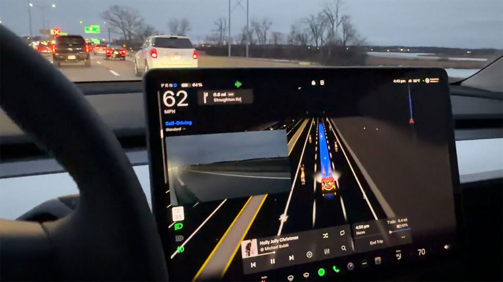 Screenshot of Tesla FSD v14.2.2 in Santa Mode as the owner tests this new update.