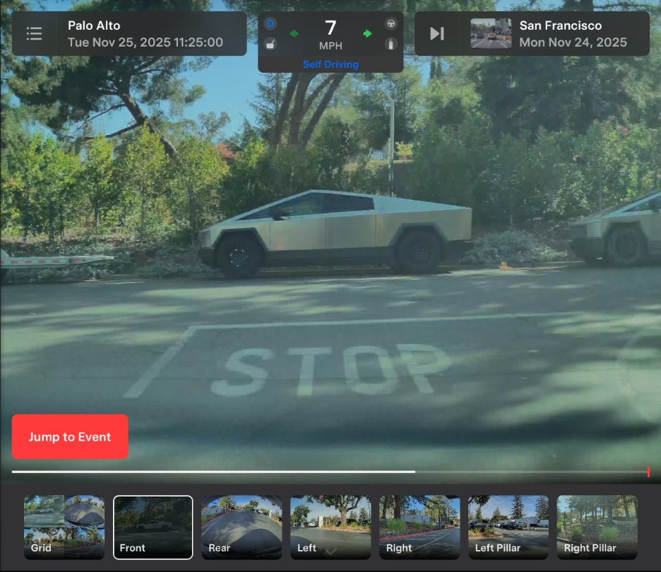 Screenshot of the updated Dashcam Viewer app on the center display in the 2025 Tesla Holiday Update.