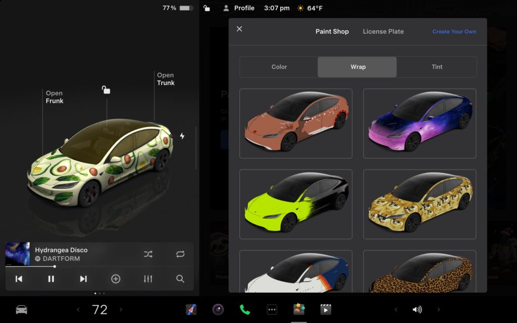 Screenshot of the Custom Wraps and License Plates feature in the 2025 Tesla Holiday Update.