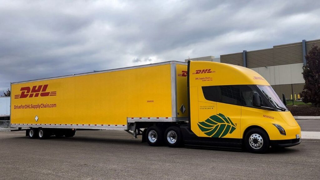 Tesla Semi class-8 electric hauler acquired by DHL for their sustainable logistics operations.