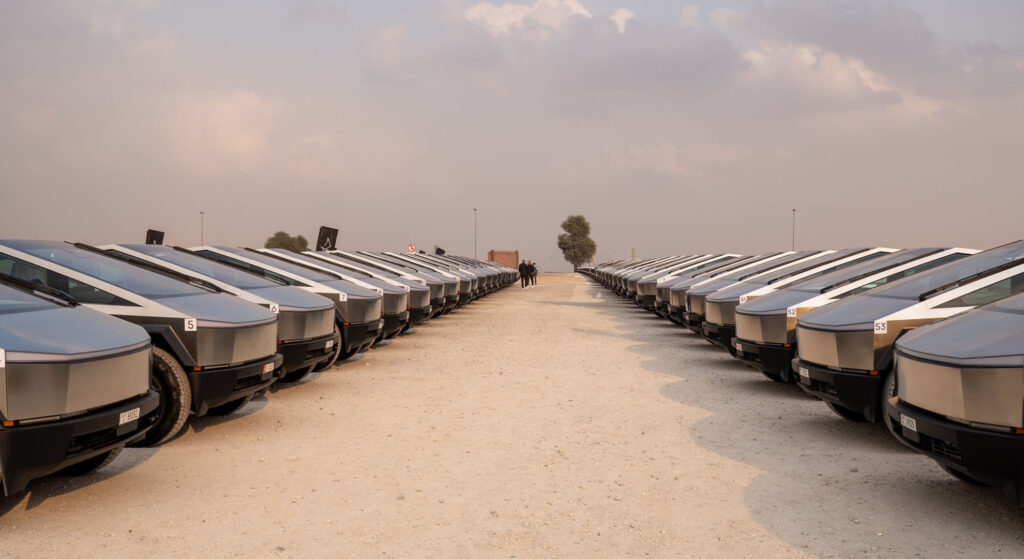 The first delivery fleet of Tesla Cybertruck units in Dubai, UAE.