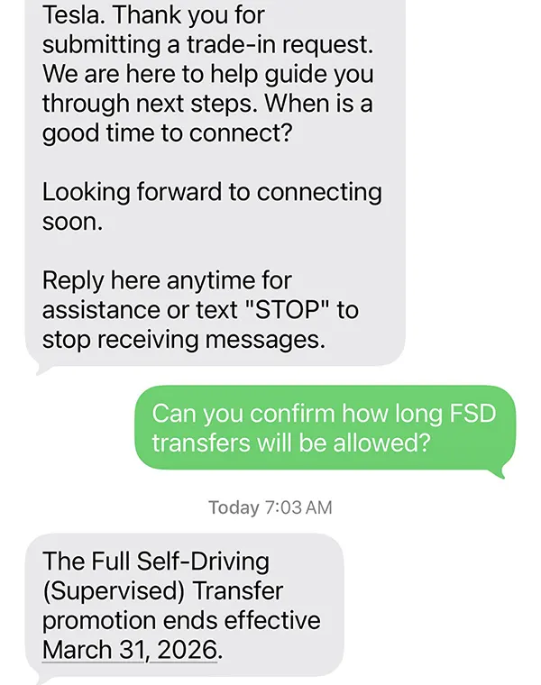 Screenshot of an SMS conversation between a Tesla owner and Tesla Support, informing him of the end of the FSD Transfer Promotion. 