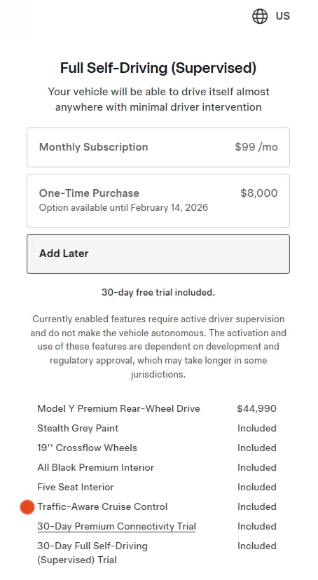 Screenshot of Tesla's online car order configurator. The automaker now offers only Traffic-Aware Cruise Control as standard on all new vehicles instead of basic Autopilot (starting 23rd January 2026).