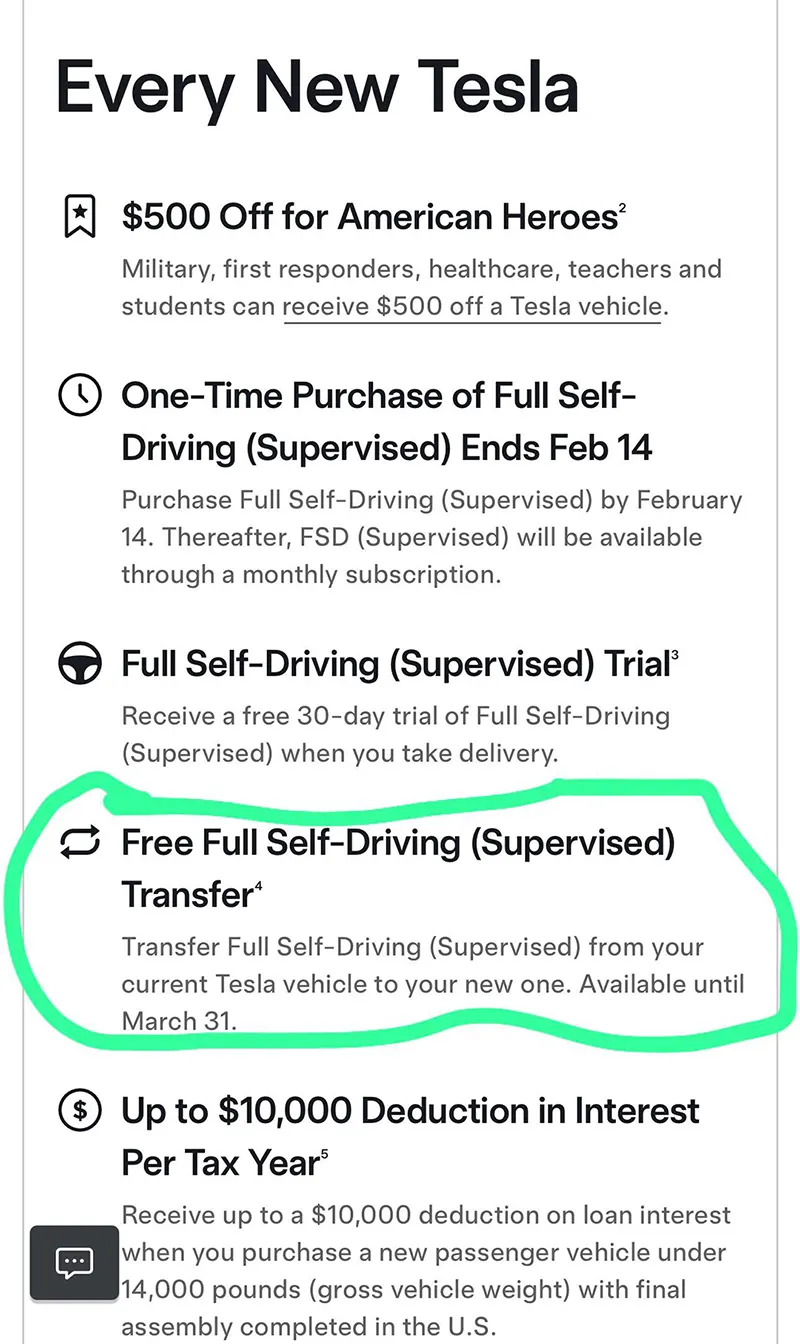 Screenshot from Tesla Full Self-Driving (Supervised) Transfer Program's official support page, confirming the end date for FSD Transfers.