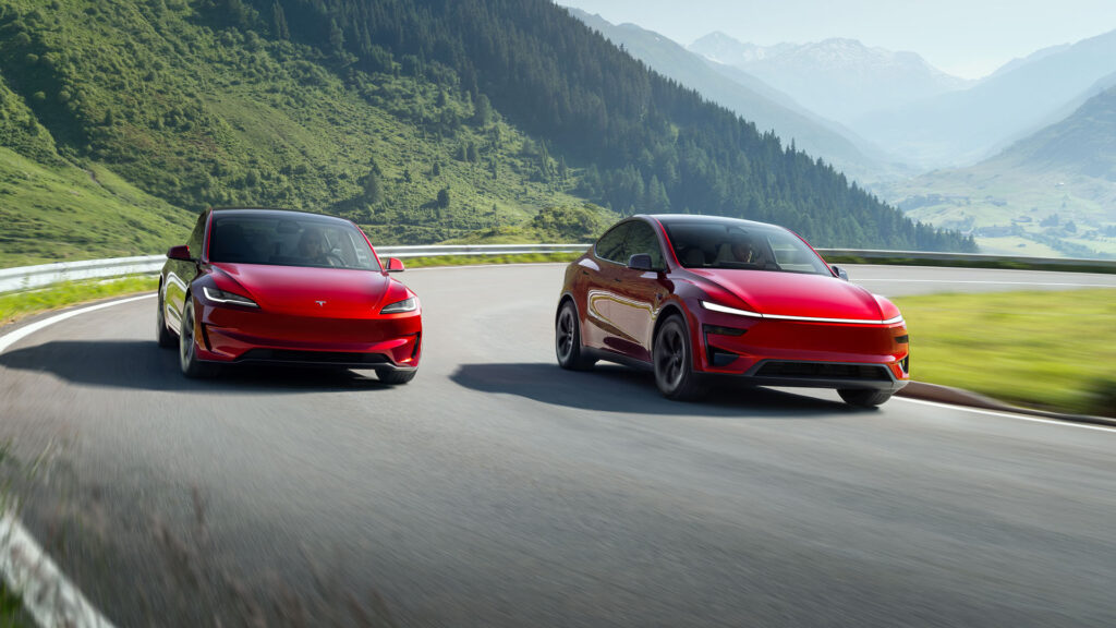 Tesla Model 3 and Model Y electric cars in Ultra Red color racing on mountainous roads.