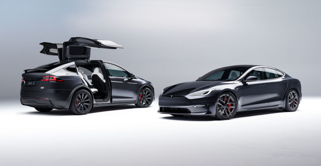 Tesla Model S and Model X Plaid electric vehicles in black color.
