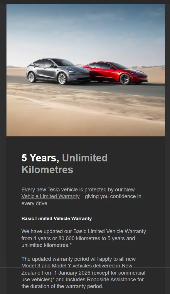 Screenshot of Tesla's email announcing the new Model Y and Model 3 warranty policy in New Zealand and Australia.