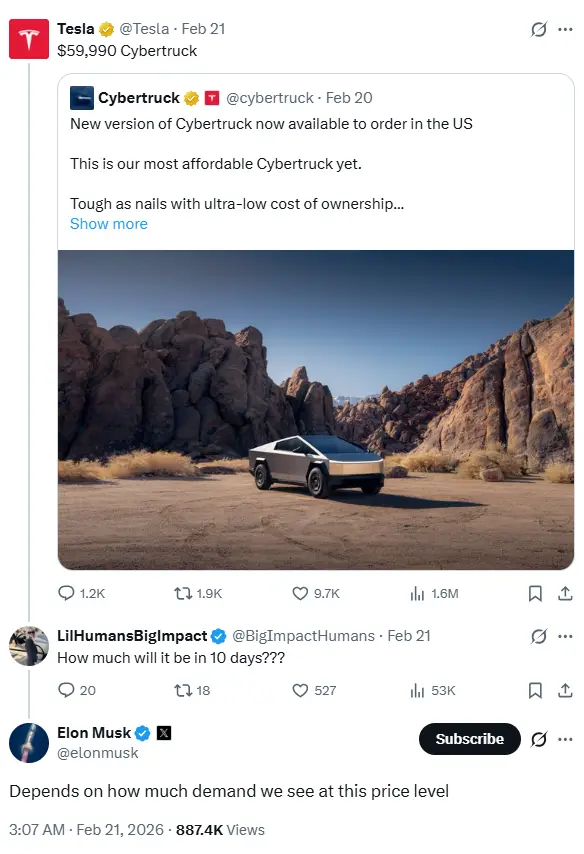 Screenshot of Elon Musk and Tesla posts on X, suggesting a price increase of the Cybertruck Standard AWD if demand is strong.