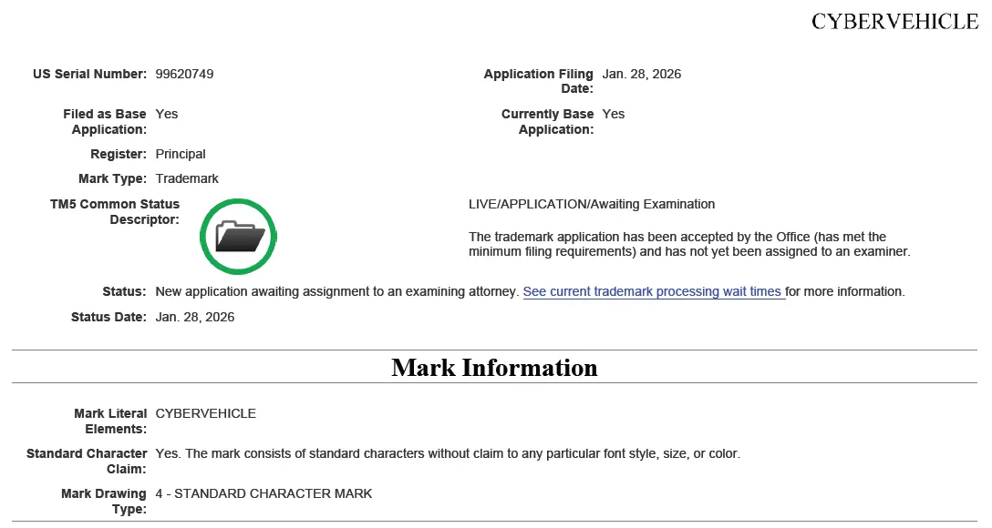 Screenshot: Tesla's filed application for the CYBERVEHICLE trademark with the United States Patent and Trademark Office (USPTO) and its current status info (7 Feb 2026).